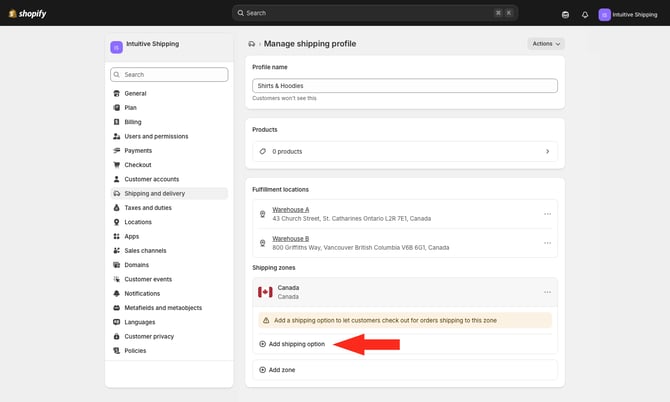 ASP - Shopify - Add Shipping Option to Custom Profile